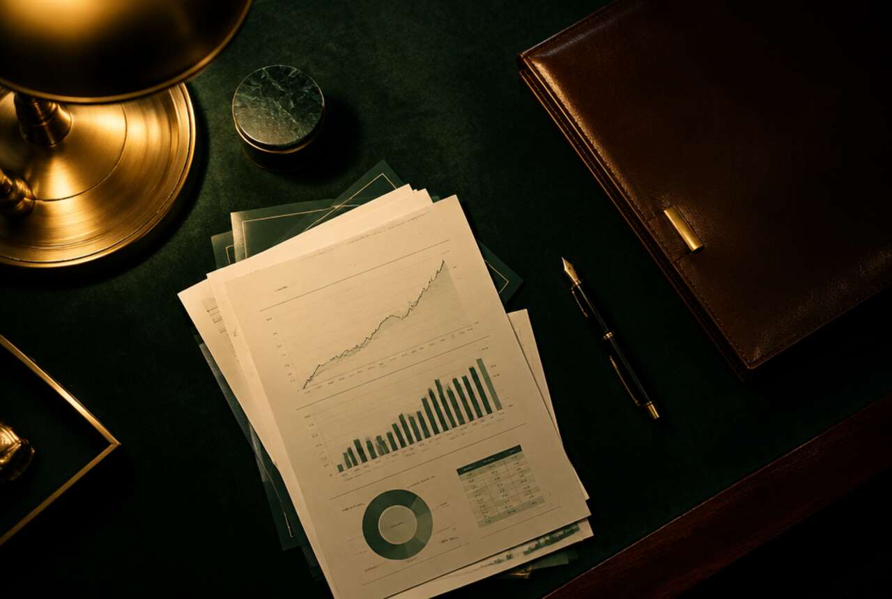 Documentos financeiros sobre mesa de trabalho